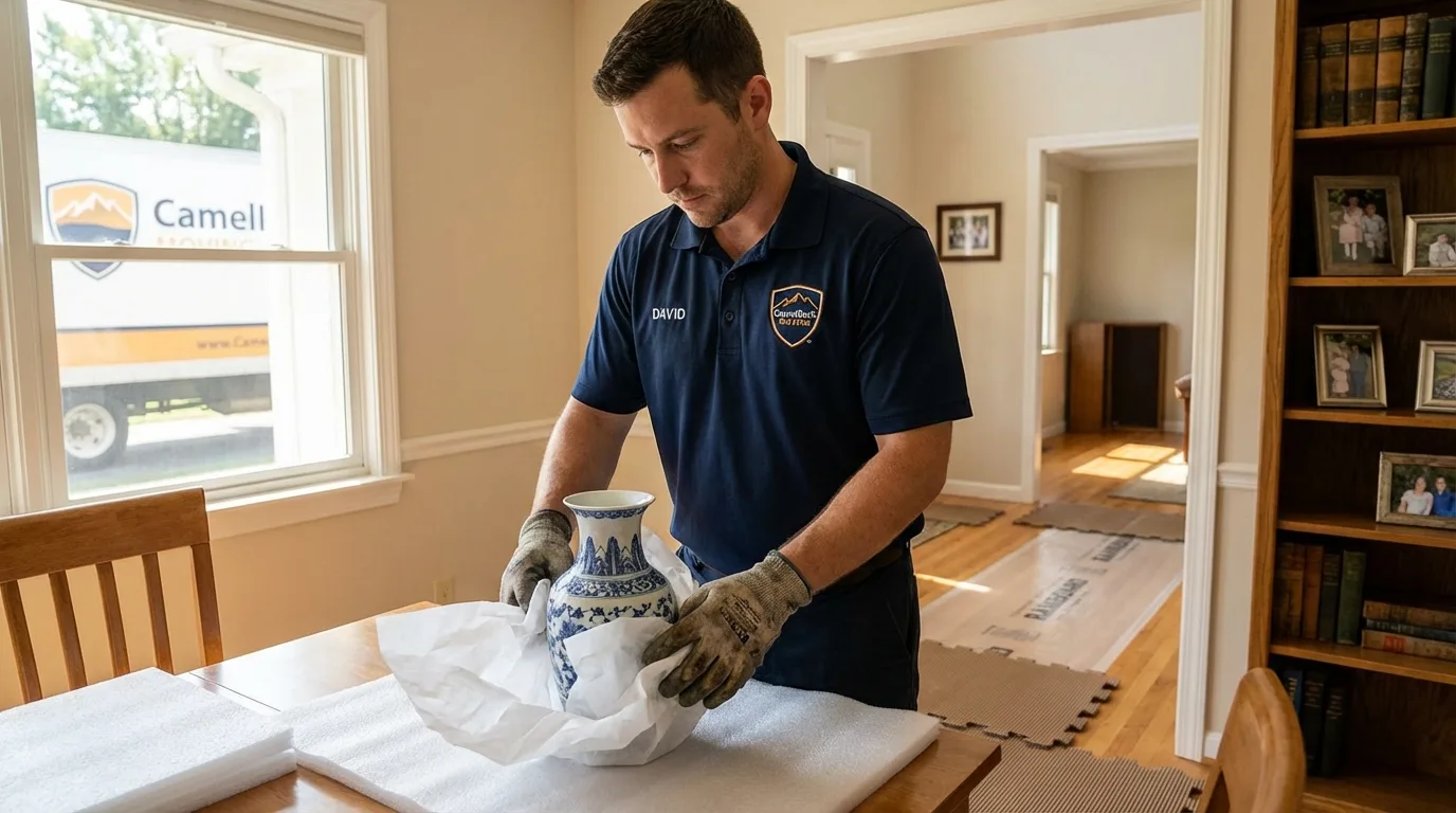 Professional crew carefully wrapping antique vase for senior downsizing move in Kanab, UT